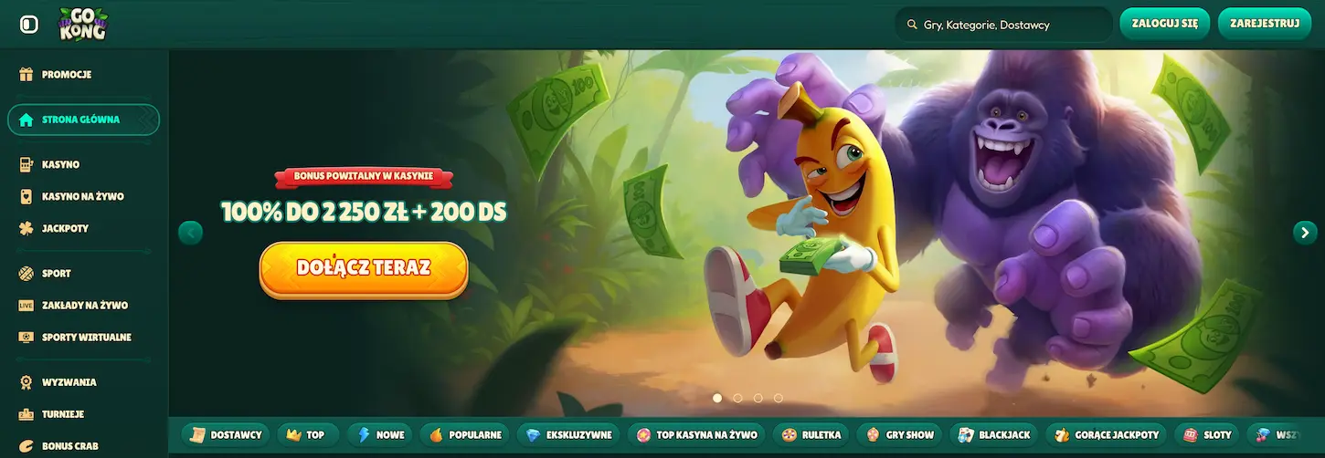 GoKong Casino bonus powitalny 100% do 2250 zł i 200 darmowych spinów – dołącz teraz i odbierz promocje.